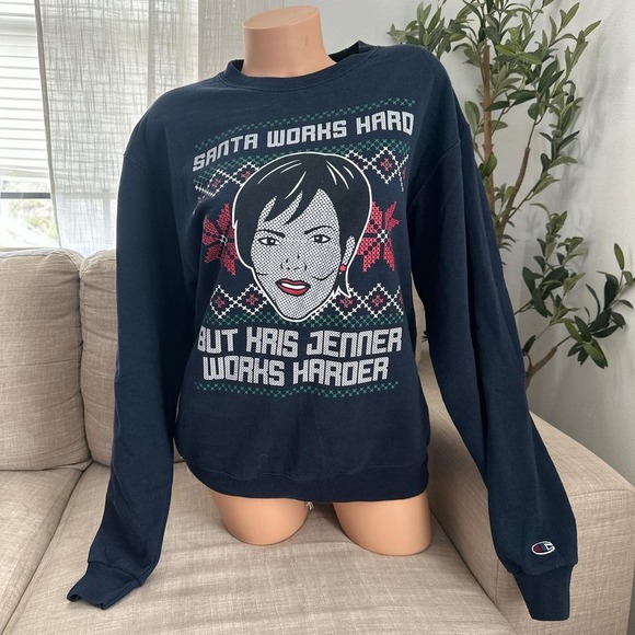 Champion "Santa works hard but kris Jenner works harder" Navy Sweater - Picture 1 of 3